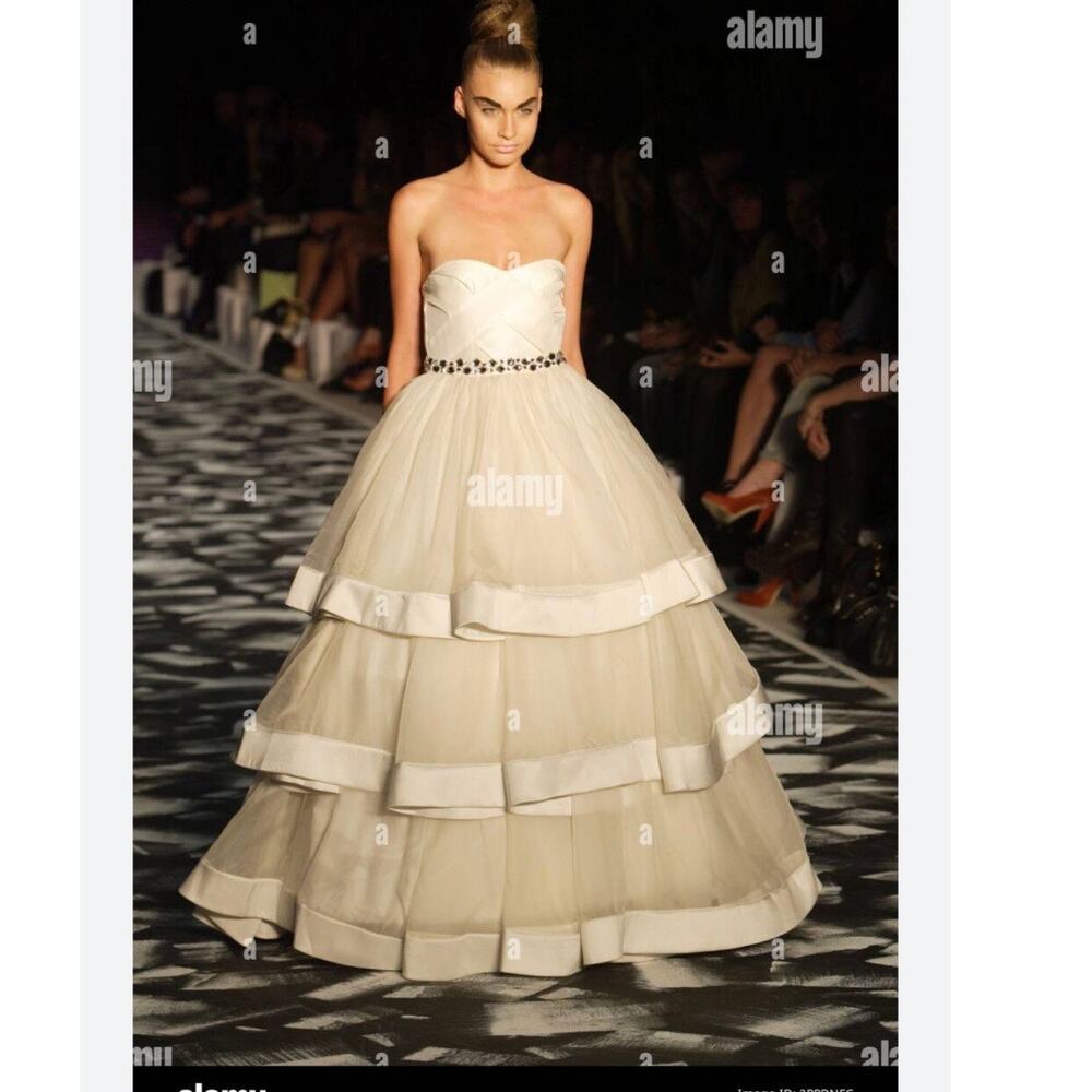 Rachel Gilbert Silk Tiered Crystal Embellished Strapless Princess Wedding Gown - Picture 3 of 15